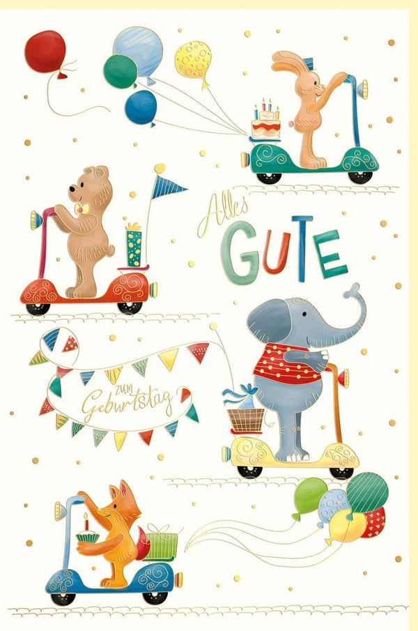 Kindergeburtstagskarte mit Goldfolie & Prägung - Bunte Tiermotive, Ballons & Geschenke, Elefant, Bär & Fuchs auf Scooter, Girlande & Wimpelkette