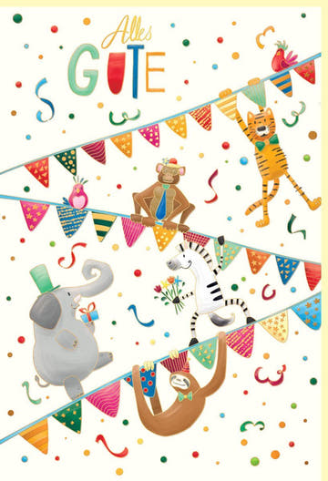 Kindergeburtstagskarte mit Tiermotiven & Wimpelkette - Naturkarton, Goldfolie, Blindprägung, bunte Partykarte mit Elefant, Zebra & Co.