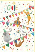 Kindergeburtstagskarte mit Tiermotiven & Wimpelkette - Naturkarton, Goldfolie, Blindprägung, bunte Partykarte mit Elefant, Zebra & Co.
