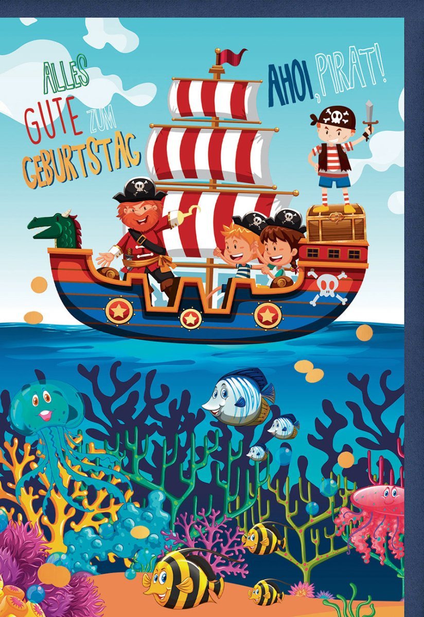 Kindergeburtstagskarte - Piratenabenteuer mit Schatzkarte, Meerestiere & Schiffsmotiv, Süße Glückwünsche