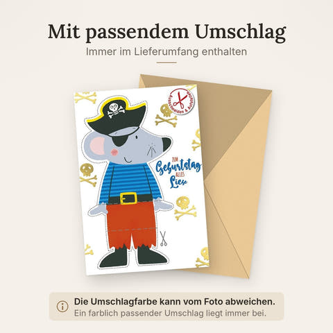 Kindergeburtstagskarte: Piratenmaus mit Totenköpfen und Knochen zum Ausschneiden und Aufstellen