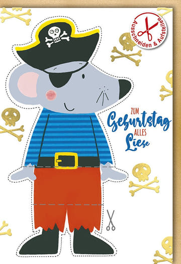Kindergeburtstagskarte: Piratenmaus mit Totenköpfen und Knochen zum Ausschneiden und Aufstellen