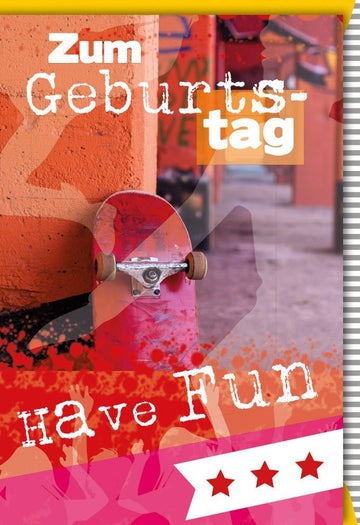 Kindergeburtstagskarte - Skateboard Design mit Sternen, Coole Karte für Jungen und Mädchen, Perfekt für Party - und Sportliebhaber