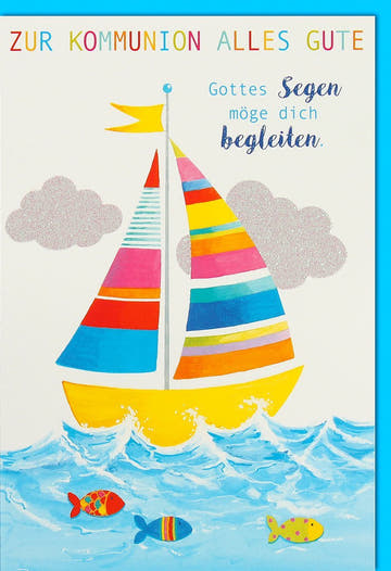 Kommunion Glückwunschkarte Boot & Fische - Segenswünsche zur Feier des Sakraments, maritimes Design für Kinderchristentum