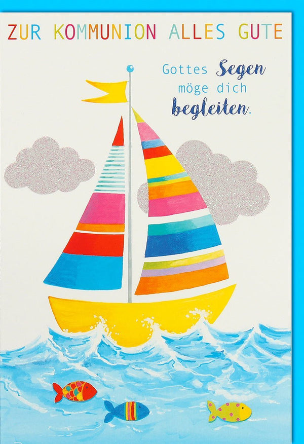 Kommunion Glückwunschkarte Boot & Fische - Segenswünsche zur Feier des Sakraments, maritimes Design für Kinderchristentum