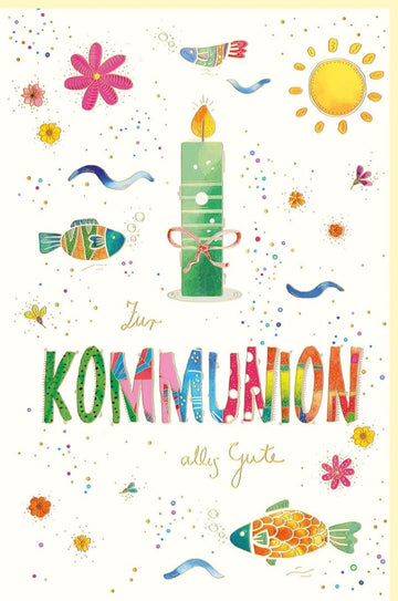 Kommunion Glückwunschkarte - Kerze & Fisch auf Naturkarton, Sonnendesign für Kinderfeier
