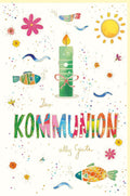 Kommunion Glückwunschkarte - Kerze & Fisch auf Naturkarton, Sonnendesign für Kinderfeier