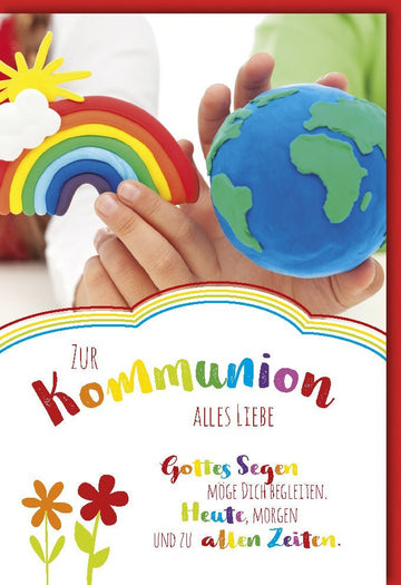 Kommunion Glückwunschkarte Regenbogen & Weltkugel - Bunte Karte zur Erstkommunion, Segenswünsche für Kinder und Familie, Christliches Geschenk