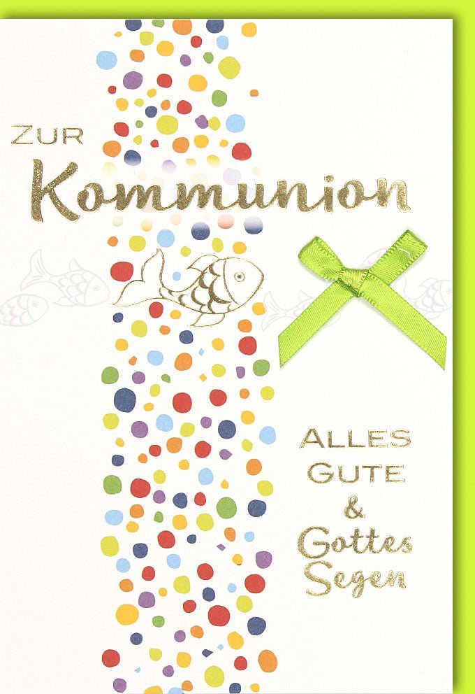 Kommunionkarte für Kinder - Fröhliche Grußkarte in Grün mit Segenswünschen für den besonderen Tag