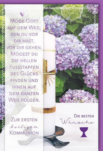 Kommunionkarte für Kinder - Lila Blumen & Kreuz mit Segensspruch, Gottesweg Motiv - Elegante Karte für Eltern & Familie
