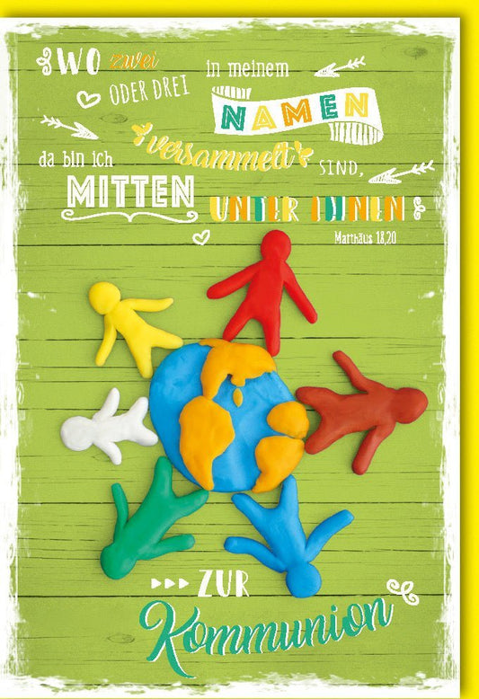 Kommunionkarte für Kinder - "Wo zwei oder drei versammelt sind" Matthäus 18:20 - Grüne Holzoptik mit christlichem Motiv