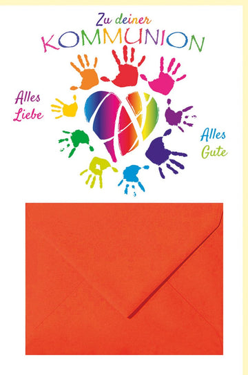 Kommunionkarte mit bunten Handabdrücken und Kreuzmotiv, inkl. orangem Umschlag