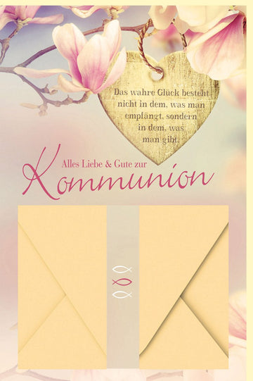 Kommunionkarte mit Geldfach - Herz & Blumen Design, Herzlicher Spruch zur Feier des Sakraments