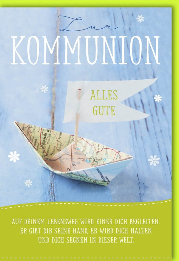 Kommunionkarte mit Papierboot-Design - Ein Segen für den Lebensweg, Christliche Karte für Kinder und Familie