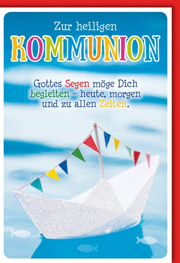 Kommunionkarte mit Segenswünschen - Papierboot & Meer, Wimpelkette Design für Gottes Segen Feier