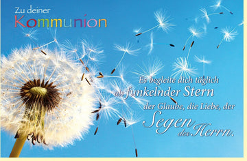 Kommunionskarte mit Pusteblume und Segensspruch - Religiöse Glückwünsche in Blau & Weiß zur Ersten Kommunion