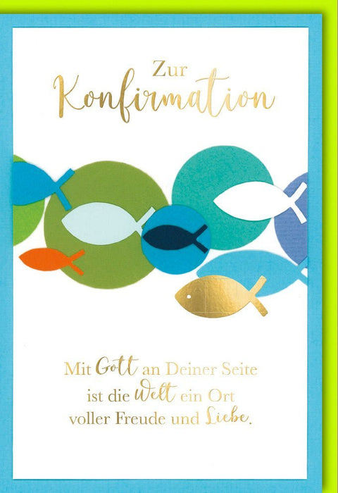 Konfirmationsglückwunschkarte Fische - Christlich, Grün & Gold, Inspirierende Botschaft über Glauben und Freude