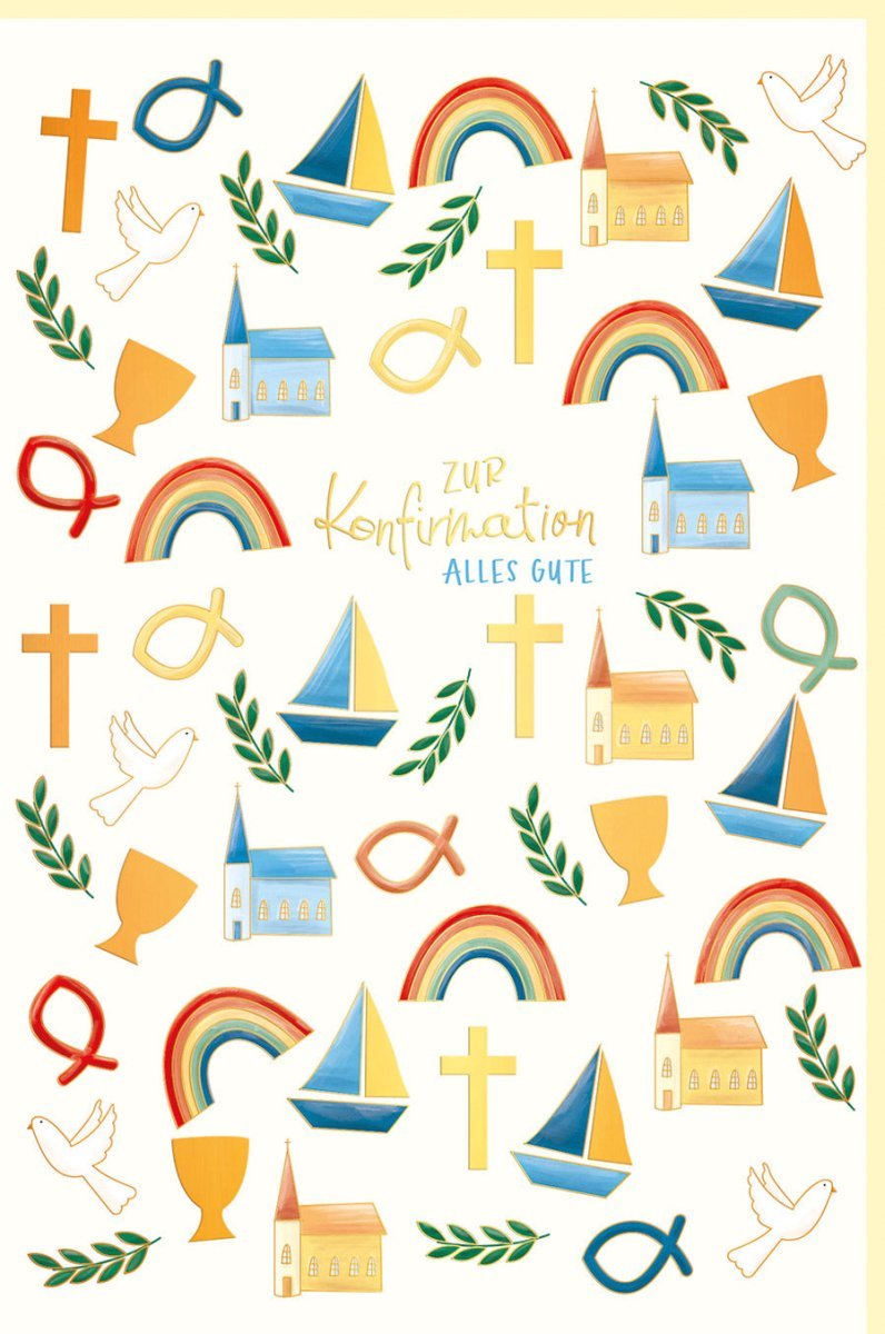 Konfirmationsglückwunschkarte mit Goldfolie & Blindprägung - Taube, Kreuz, Kirche, Regenbogen, Fisch, Kelch