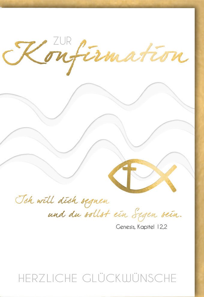 Konfirmationsgrußkarte mit Goldfisch und Wellen – Segensspruch aus Genesis