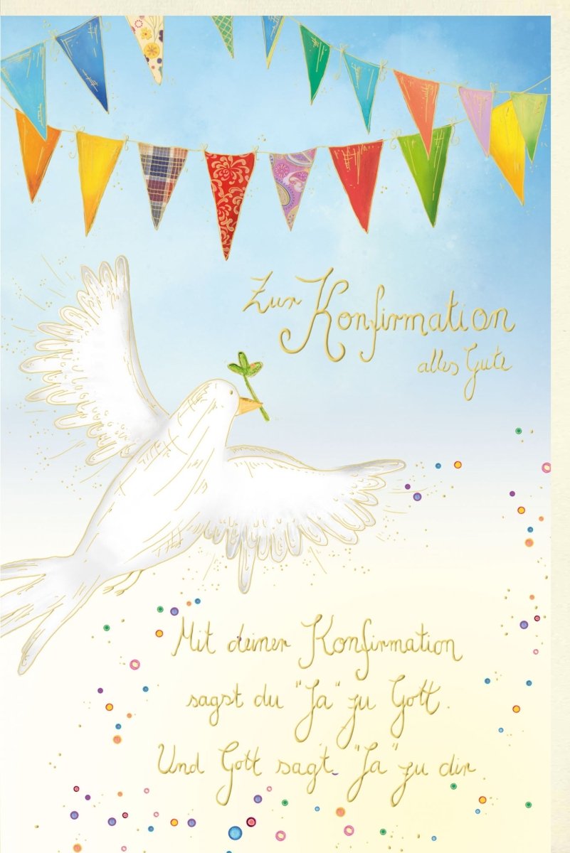 Konfirmationskarte - Friedenstaube & Olivenzweig, Bunte Wimpelkette, Spirituelles Motiv für eine Feier voller Segen und Glauben