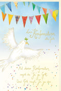 Konfirmationskarte - Friedenstaube & Olivenzweig, Bunte Wimpelkette, Spirituelles Motiv für eine Feier voller Segen und Glauben