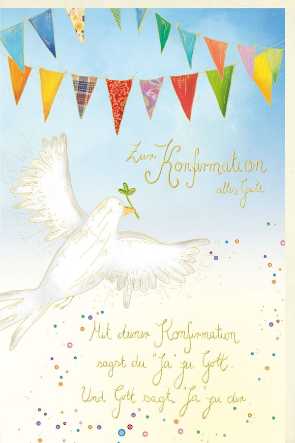 Konfirmationskarte - Friedenstaube & Olivenzweig, Bunte Wimpelkette, Spirituelles Motiv für eine Feier voller Segen und Glauben