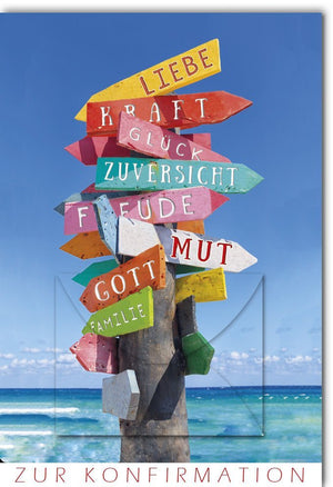 Konfirmationskarte für Jugendliche - Maritime Glückwunschkarte mit Strandmotiv und Wegweiser in Blau