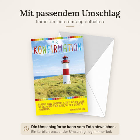 Konfirmationskarte Leuchtturm: Martin Luther King Zitat, Symbol für Hoffnung und Licht, Naturdesign in Grün-Weiß-Rot