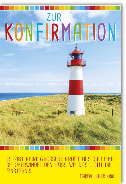 Konfirmationskarte Leuchtturm: Martin Luther King Zitat, Symbol für Hoffnung und Licht, Naturdesign in Grün - Weiß - Rot