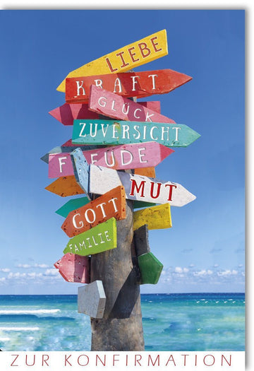 Konfirmationskarte Meer & Strand – Segenswünsche für Familie, Glaube & Zukunft mit bunten Holzschildern