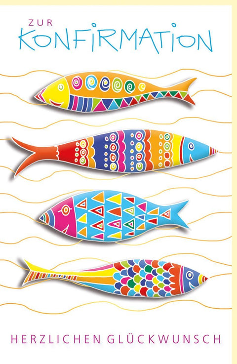 Konfirmationskarte mit bunten Fischen und christlichen Symbolen – Herzliche Glückwünsche zur Jugendweihe