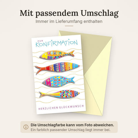 Konfirmationskarte mit bunten Fischen und christlichen Symbolen – Herzliche Glückwünsche zur Konfirmation