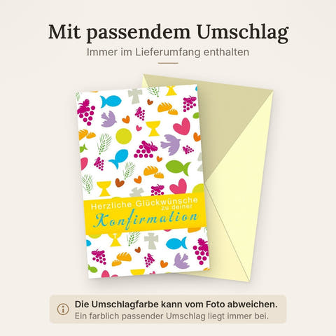 Konfirmationskarte mit christlichen Symbolen - Bunte Taube, Kreuz, Fisch & Kelch Design für Glaubensfeier in Gelb