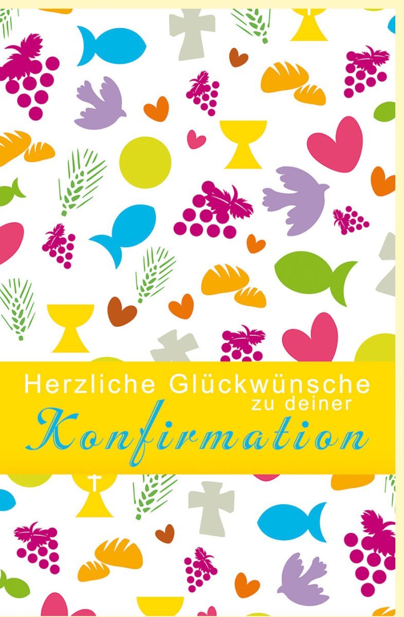 Konfirmationskarte mit christlichen Symbolen - Bunte Taube, Kreuz, Fisch & Kelch Design für Glaubensfeier in Gelb