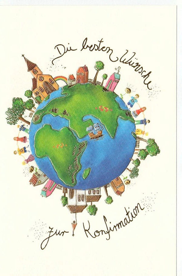 Konfirmationskarte mit Erde-Motiv und Kirchenlandschaft