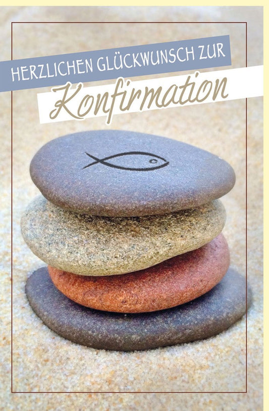 Konfirmationskarte mit Fischsymbol & Steinstapel - Stilvolle Glückwünsche in Beige & Braun für Jugendliche & Erwachsene