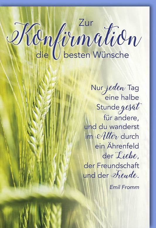 Konfirmationskarte mit Frommel Zitat & Getreidefeld - Religiöse Grüße zur Jugendweihe und Kirchenfeste