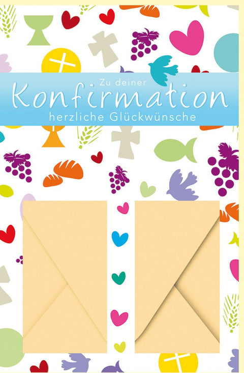 Konfirmationskarte mit Geldfach - Moderne Glückwünsche für Jugendliche, Christliche Symbole in Pastellgelb & Bunt, Perfekt als Geschenk