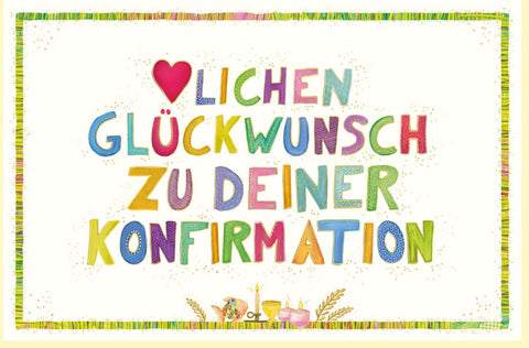 Konfirmationskarte mit Herz & Skorpion - Symbol - Bunte Glückwünsche zur Konfirmation für Jugendliche in Gelb & Grün