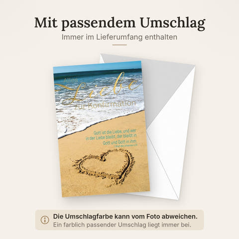 Konfirmationskarte Strandmotiv - Herz im Sand, Bibelvers, Christliche Feier für Teenager, Liebe & Spiritualität