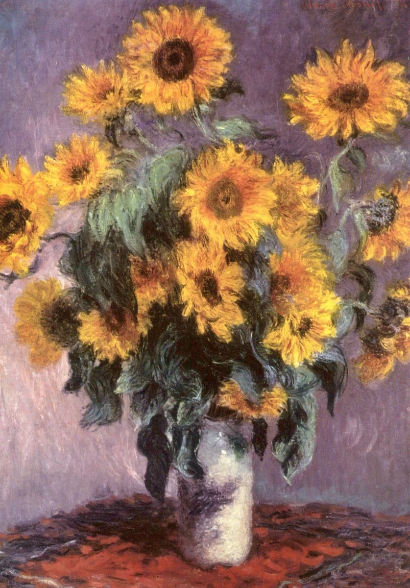 Kunstpostkarte - Claude Monet Sonnenblumen Stillleben 1880, Blanko, Vintage Dekoration, Geschenk für Kunstliebhaber, Farbenfrohes Bouquet Impressionismus