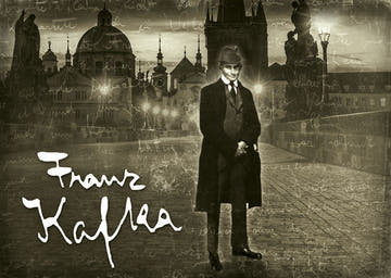 Kunstpostkarte - Franz Kafka, Prager Ikone, Vintage Sepia Collage, Schriftsteller & Stadtnacht Lichter