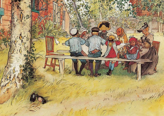 Kunstpostkarte: Frühstück im Grünen - Carl Larsson, Schwedische Idylle mit Kindern im Vintage Birken - Gartenmotiv