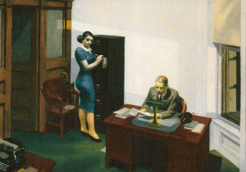 Kunstpostkarte für Kunstliebhaber - Edward Hopper Büro Nacht, Vintage 1940er, Klassische Szene mit Sekretärin & Schreibmaschine, Licht & Schatten, Blanko