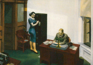 Kunstpostkarte für Kunstliebhaber - Edward Hopper Büro Nacht, Vintage 1940er, Klassische Szene mit Sekretärin & Schreibmaschine, Licht & Schatten, Blanko