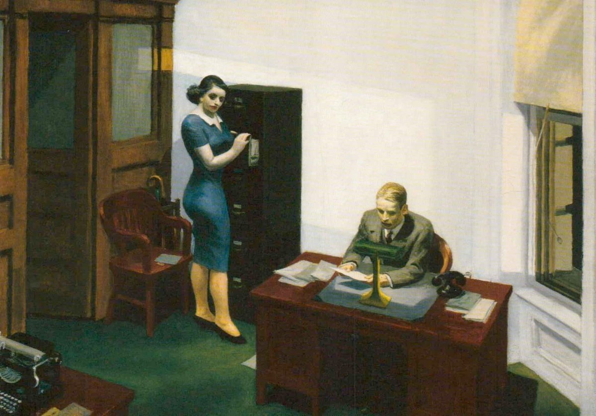 Kunstpostkarte für Kunstliebhaber - Edward Hopper Büro Nacht, Vintage 1940er, Klassische Szene mit Sekretärin & Schreibmaschine, Licht & Schatten, Blanko