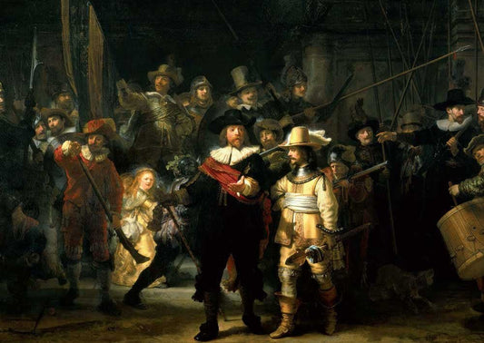 Kunstpostkarte für Kunstliebhaber - Rembrandt van Rijns Meisterwerk "Die Nachtwache"