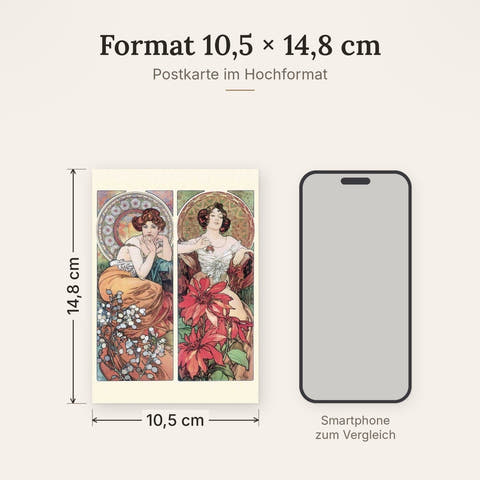 Kunstpostkarte Jugendstil - Alphonse Mucha mit Frauen & Blumen, Elegante Vintage Deko-Sammelobjekt mit Ornamenten