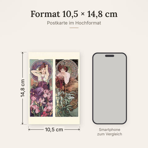 Kunstpostkarte Jugendstil – Alphonse Mucha mit Frauen, Blumen & Ornamenten in Lila-Grün, Vintage-Sammlerstück