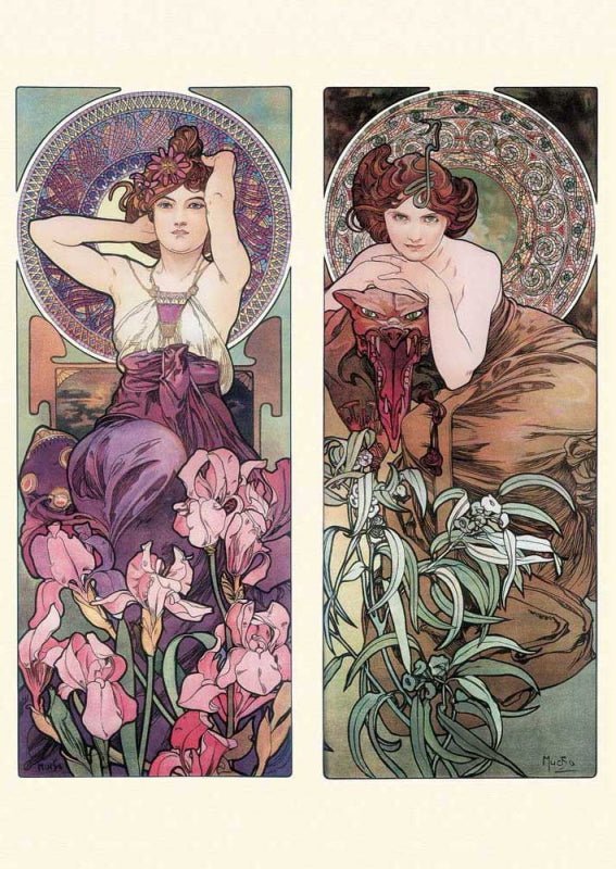 Kunstpostkarte Jugendstil – Alphonse Mucha mit Frauen, Blumen & Ornamenten in Lila - Grün, Vintage - Sammlerstück